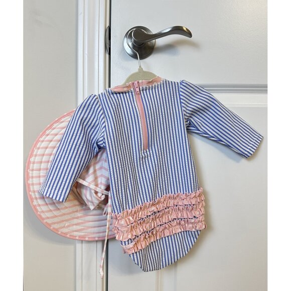 RUFFLEBUTTS Seersucker Tulle Skirted One Piece Swimsuit in Periwinkle Blue 3-6M - Picture 5 of 9